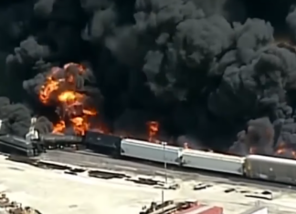 В США поезд с опасными химическими веществами сошел с рельсов и загорелся (видео)